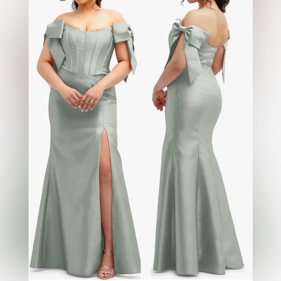 NEW Alfred Sung Off the Shoulder Bow Corset Satin
Trumpet Gown willow Sz 2 - Picture 1 of 8